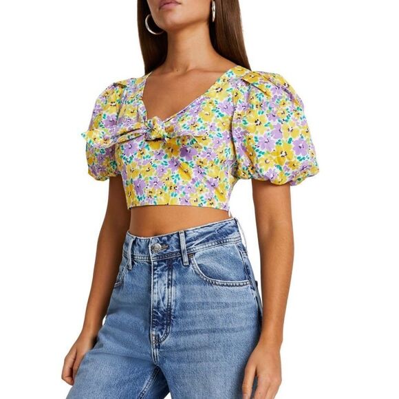 River Island Floral Print Puff Sleeve Crop Top, Yellow/Purple, Small/Size 4, NWT - Picture 1 of 15